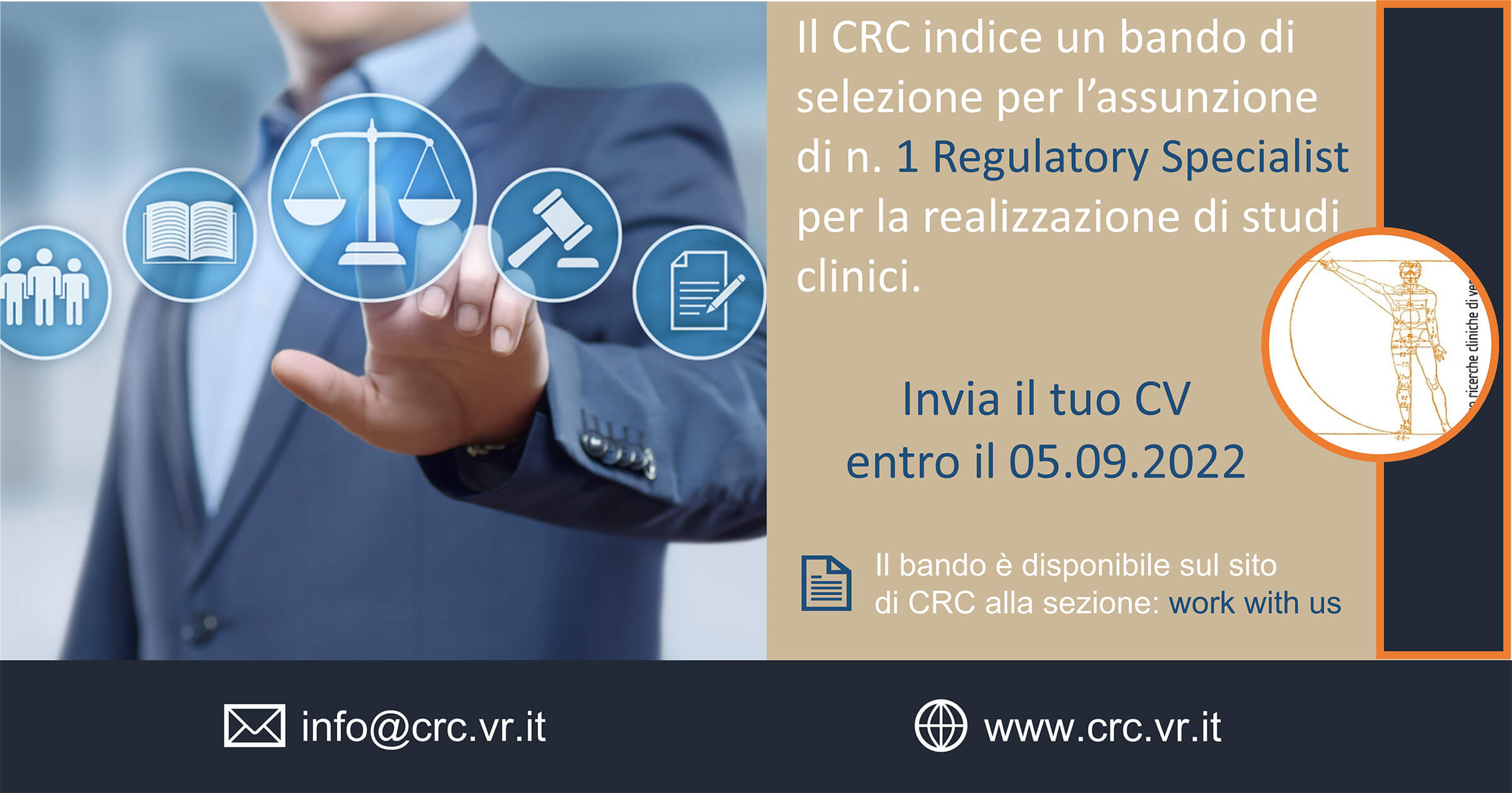 Bando e domanda assunzione per 1 Regulatory Specialist per studi clinici. Clicca per maggiori informazioni