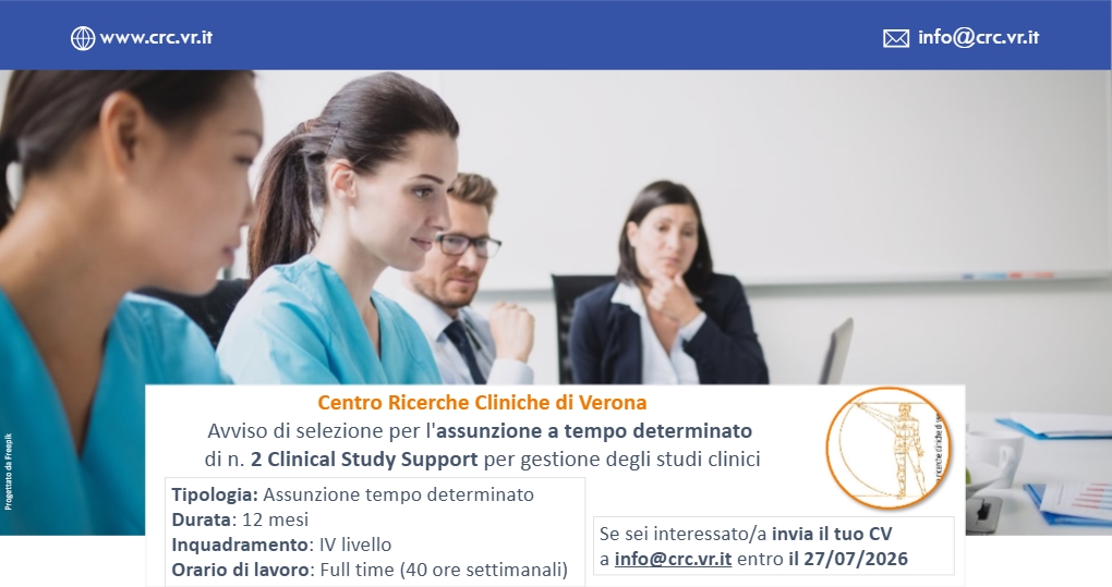 Avviso di selezione per l'assunzione a tempo determinato ​di n. 2 Clinical Study Support per attività di gestione degli studi clinici​